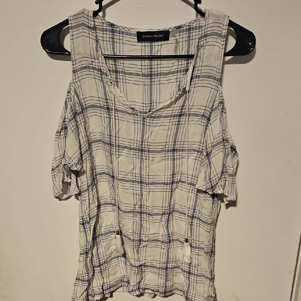 Ivanka Trump White and Blue Plaid Women's Top